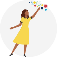 Woman pointing with DiSC bubbles at her fingertips. This represents developing her EQ.