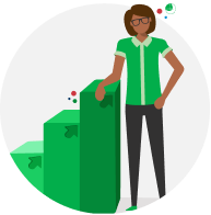 Woman leaning on a rising bar graph representing the growth potential of a leader.