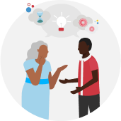 Two people talking with an hourglass, lightbulb, and gears in their talking bubbles. This represents adapting to their customer's buying style.