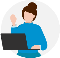 Woman waving while sitting in front of a laptop. She is role playing an interview.