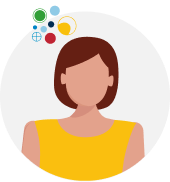 Close-up of a woman with DiSC bubbles above her head. The bubbles represent what drives her.