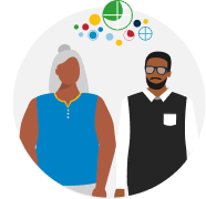 Two coworkers with DiSC bubbles above their heads. The bubbles represent their different DiSC styles.