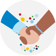 Holding hands with DiSC bubbles around them. This represents the coworkers building a better relationship.