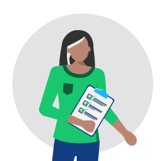 Graphic of a person with blue pants and a green shirt with a clipboard and checklist in her hand.