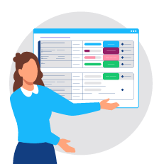 Graphic of a person with blue clothing on presenting what looks like a dashboard of analytics.