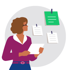 Person holding a piece of people looking at three documents, one is in green, meaning that one is the right decision.