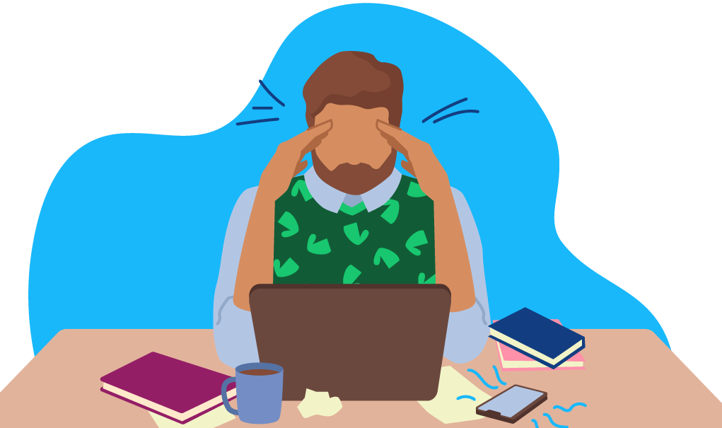 A colleague sitting at a desk, looking very overwhelmed with 5x in the background.
