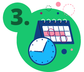 Green bubble with a 3 and a graphic of a calendar and clock inside.
