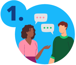 Blue bubble with the number 1. with two people talking and conversation bubbles behind them.