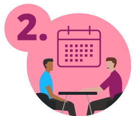 Pink bubble with the number 2. and two people facing each other a table with a calendar in the background.