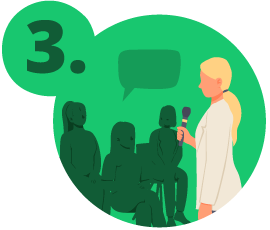 Green bubble with the number 3. and a person speaking into a microphone in front of a seated group.