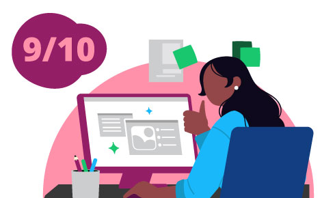 Graphic of a colleague sitting at a desk, working contentedly with a thumbs up and 9/10 in a graphic bubble.