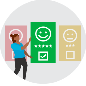 Person standing in front of three signs, one showing a sad face, one showing happy, one showing neutral and the person is pointing to the green sign with a smiley face and check mark.